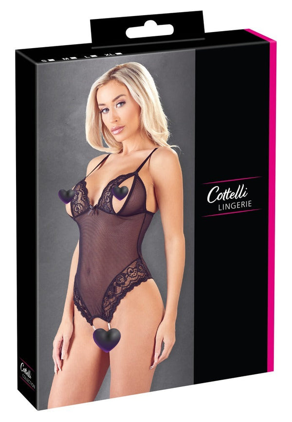 Schwarzer Body ouvert aus Powernet und Spitze mit Perlenketten von Cottelli