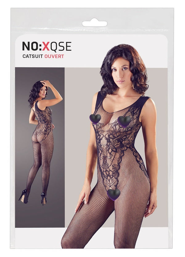 Schwarzer Catsuit in Netzstruktur mit eingewebter Spitzenoptik (offener Schritt) von NO:XQSE