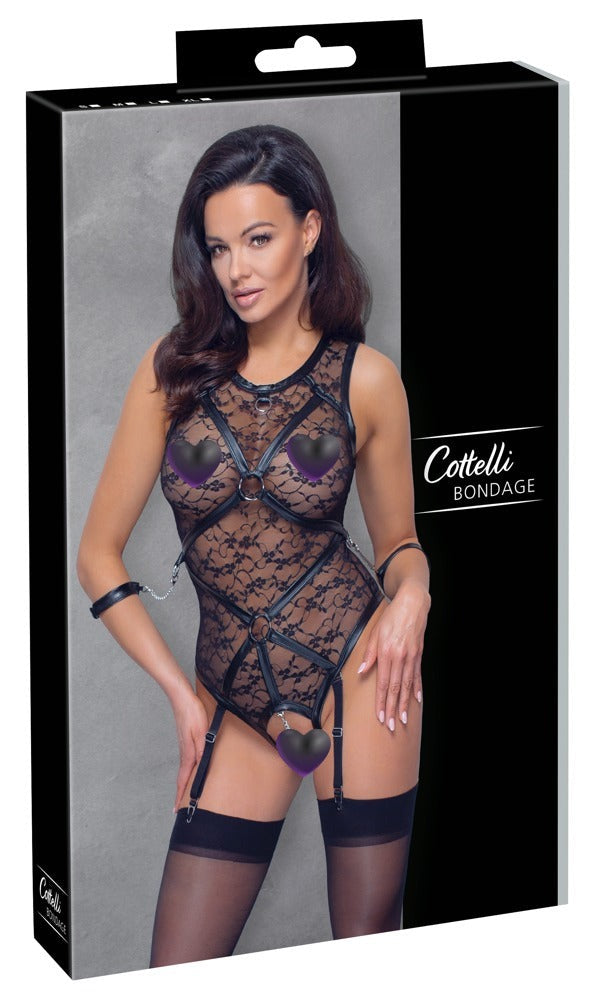 Schwarzer Straps-Body aus Spitze mit Mattlook-Harness von Cottelli BONDAGE