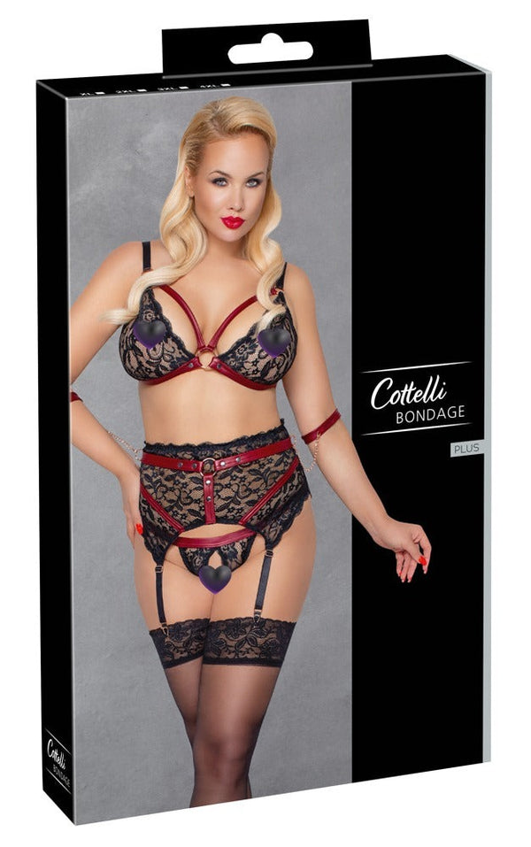 Schwarzes Straps-Set aus BH, Strapsgurt und Slip mit dunkelroten Mattlook-Details von Cottelli BONDAGE