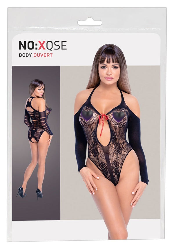Schwarzer Body ouvert in Spitzenoptik mit Cut-outs und ¾-Arm von NO:XQSE