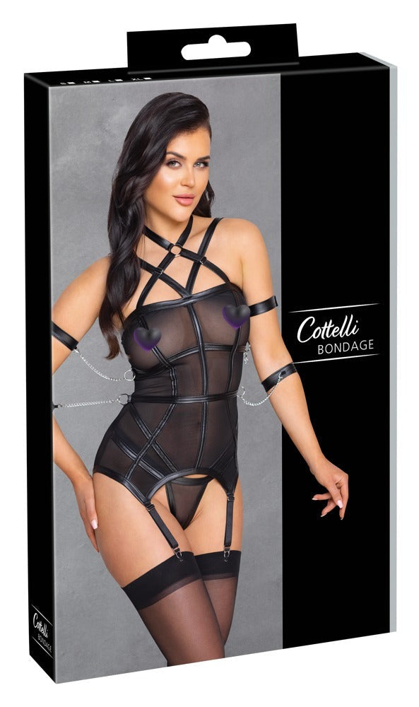 Schwarzes Set aus Strapshemd und String mit vier Armfesseln aus Powernet von Cottelli BONDAGE