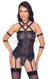 Schwarzes Set aus Strapshemd und String mit vier Armfesseln aus Powernet von Cottelli BONDAGE – Ansicht 2