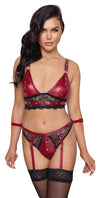 Rotes Set aus Bralette und Straps-Slip im Mattlook mit Spitze und Fesselriemen von Cottelli BONDAGE – Ansicht 2