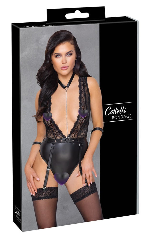 Schwarzer tief dekolletierter Strapsbody ouvert aus Spitze und Mattlook von Cottelli BONDAGE