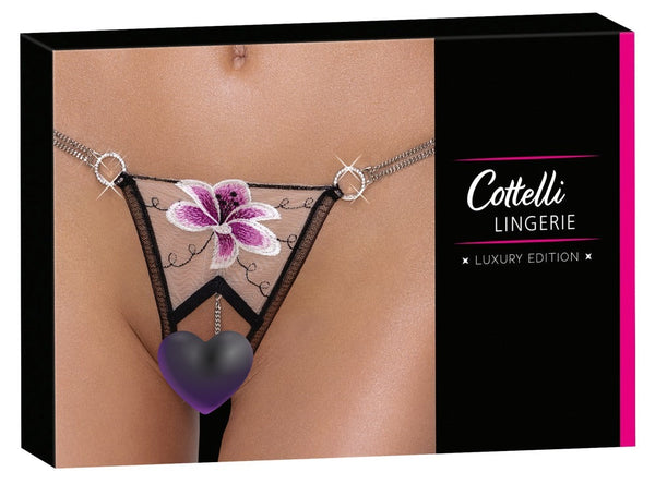 Schwarzer Riostring ouvert aus Tüllnetz mit Blüte und stimulierenden Kettchen von Cottelli