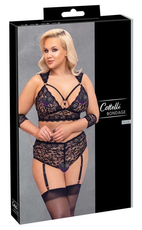 Schwarzes Set aus Bralette, Straps-Slip und Armfesseln mit roségoldenen Details von Cottelli BONDAGE