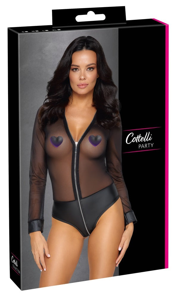 Schwarzer transparenter Langarm-Body aus Powernet mit Mattlook-Höschenteil von Cottelli PARTY