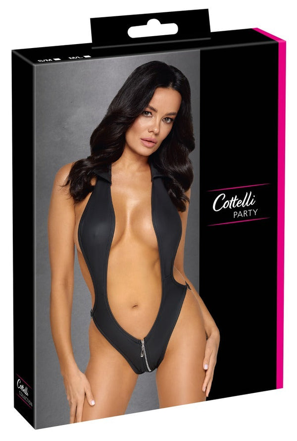 Schwarzer Body im Mattlook mit offener Front, freiem Rücken und Reißverschluss von Cottelli PARTY