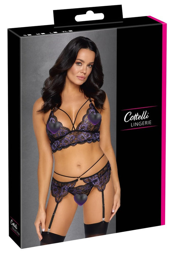 Schwarzes Straps-Set aus Blütenspitze mit Bralette, Strapsgurt und String von Cottelli
