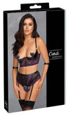 Lila-schwarzes Set aus Longline-Hebe und Straps-Slip mit Handfesseln im Burlesque-Style von Cottelli BONDAGE