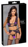 Lilafarbenes Straps-Set aus Bralette, Strapsgurt und String mit Handfesseln von Cottelli BONDAGE