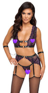 Lilafarbenes Straps-Set aus Bralette, Strapsgurt und String mit Handfesseln von Cottelli BONDAGE – Ansicht 3