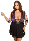Lila Babydoll-Set aus Blütenspitze mit Halsband und Armfesseln in großen Größen von Cottelli BONDAGE – Ansicht 2