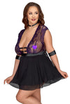 Lila Babydoll-Set aus Blütenspitze mit Halsband und Armfesseln in großen Größen von Cottelli BONDAGE – Ansicht 4