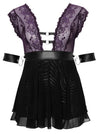 Lila Babydoll-Set aus Blütenspitze mit Halsband und Armfesseln in großen Größen von Cottelli BONDAGE – Ansicht 6