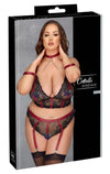 Schwarzes Spitzen-Set aus Longline-BH, Straps-Slip, Halsband und Armfesseln in großen Größen von Cottelli BONDAGE