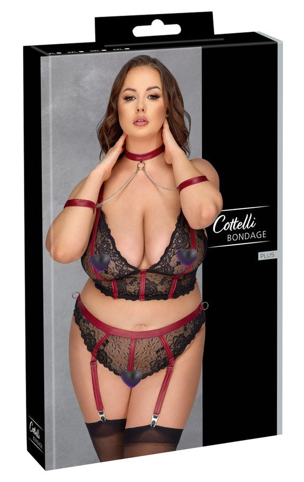 Schwarzes Spitzen-Set aus Longline-BH, Straps-Slip, Halsband und Armfesseln in großen Größen von Cottelli BONDAGE