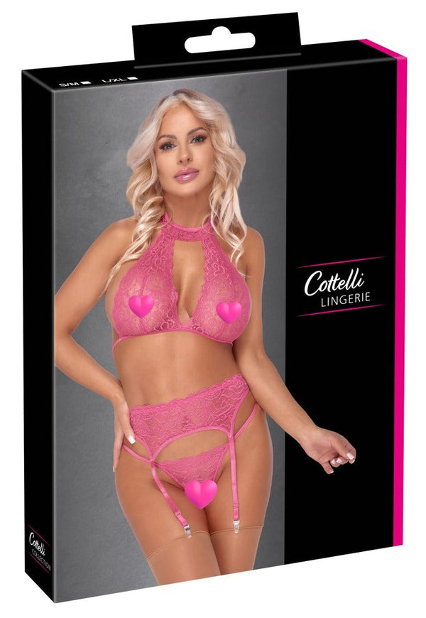 Pinkfarbenes Straps-Set aus feiner Spitze mit Neckholder-BH und String von Cottelli