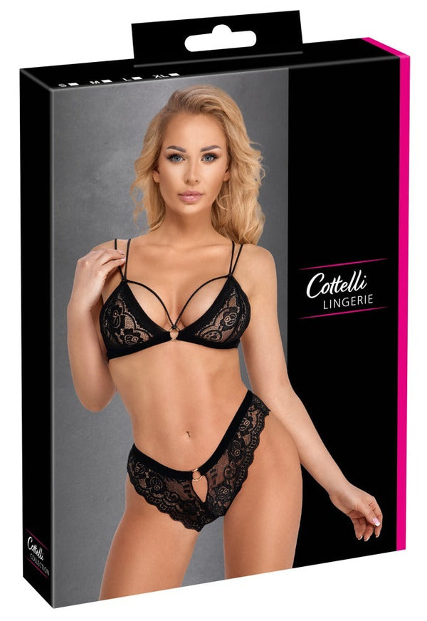 Schwarzes BH- und Slip-Set aus Stretch-Spitze mit Samtbändern und Ring von Cottelli