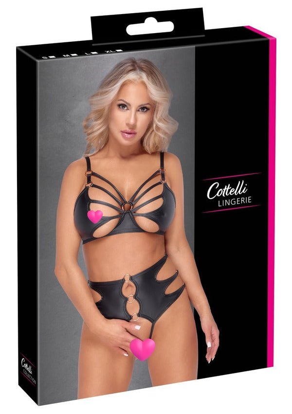 Schwarzes BH- und Slip-Set aus Stretchmaterial mit Roségold-Ringen (Ouvert) von Cottelli