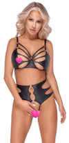 Schwarzes BH- und Slip-Set aus Stretchmaterial mit Roségold-Ringen (Ouvert) von Cottelli – Ansicht 2