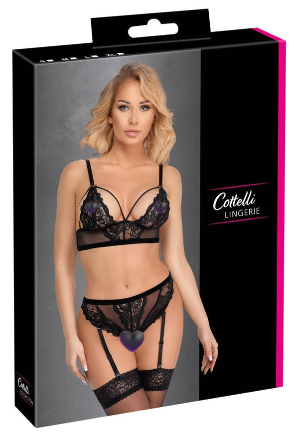 Schwarzes Bralette-Set mit Straps-Slip ouvert aus Spitze und Powernet von Cottelli
