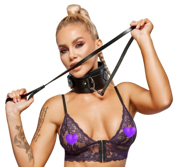 Breite Halsfessel mit Leine im Leder-Set mit Schloss von ZADO – Ansicht 4