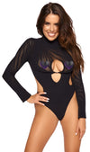 Schwarzer nahtloser Langarm-Body mit Streifenmuster, Cut-Outs und Strass von Fantasy by Cottelli – Ansicht 2