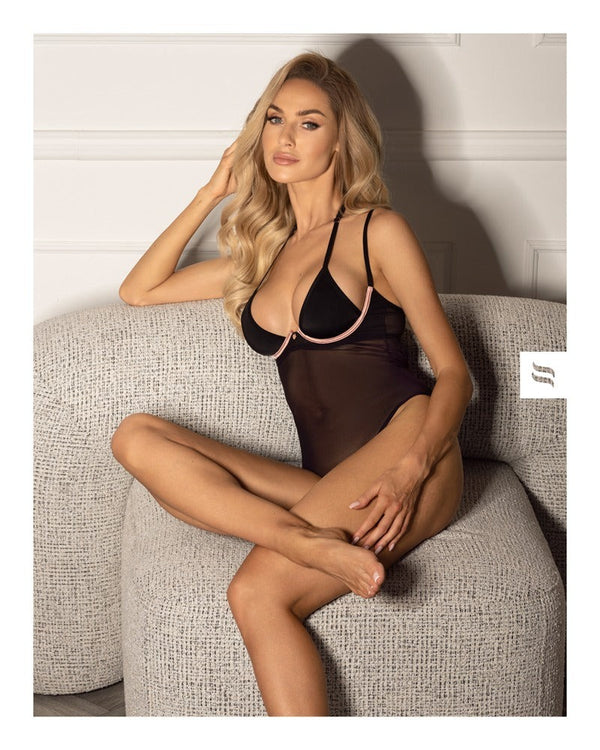 Schwarzer eleganter Body Selinne aus Stretch-Netz mit Mikrofaser-Cups von Obsessive – Ansicht 3
