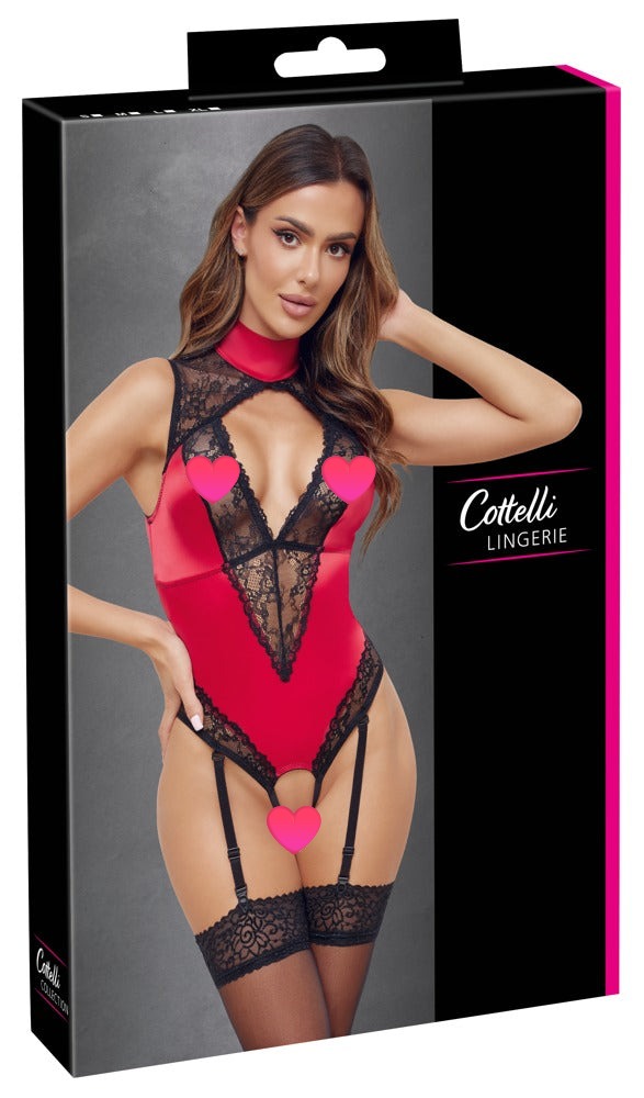 Roter Straps-Body ouvert aus Satin mit schwarzer Spitze und Satin-Halsband von Cottelli