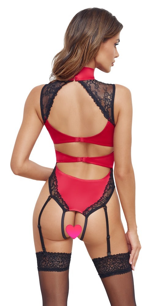 Roter Straps-Body ouvert aus Satin mit schwarzer Spitze und Satin-Halsband von Cottelli – Ansicht 5