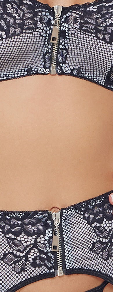Schwarzes Straps-Set mit weißen spitzenüberzogenen Fronten und Metall-Details von Cottelli – Ansicht 6