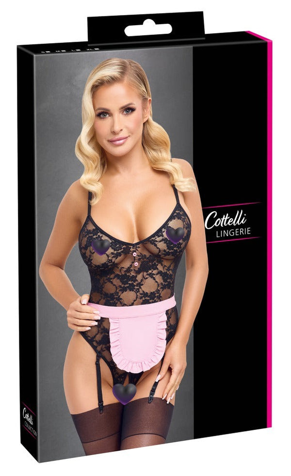 Sexy Dienstmädchen-Kostüm als Straps-Riobody ouvert aus Spitze mit Schürze von Cottelli