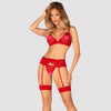 Rotes 3-teiliges Set Chilisa aus feiner Blütenspitze mit Strapsgurt von Obsessive