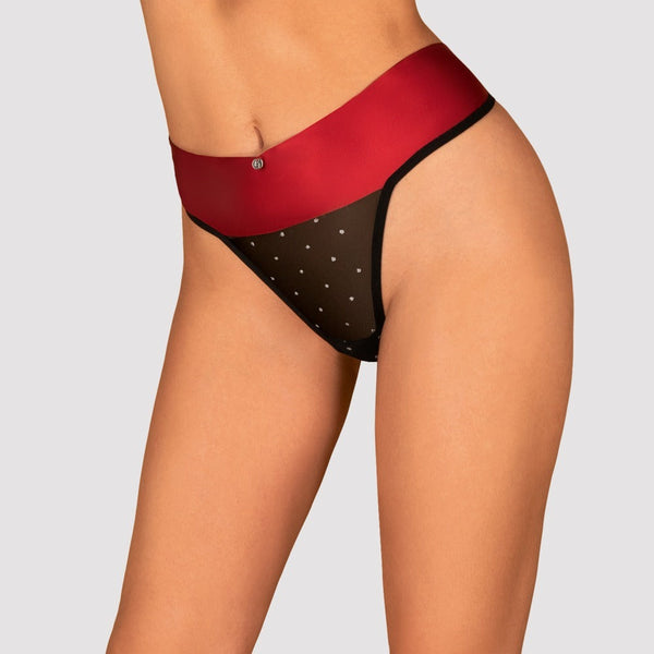 Schwarzer High-Waist-String Tienesy aus Transparent-Tüll mit Satin-Bund und Schleife von Obsessive