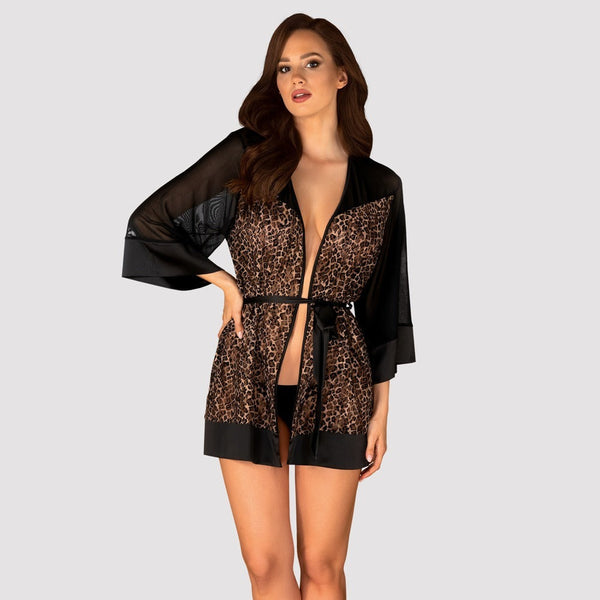 Schwarzer Kimono Allunes mit semitransparentem Leoprint von Obsessive