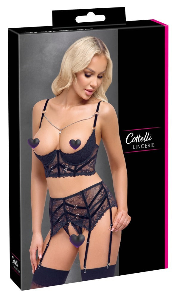Schwarzes Longline-Hebe-Set mit Strapsgürtel, String ouvert, Samt und Ringen von Cottelli