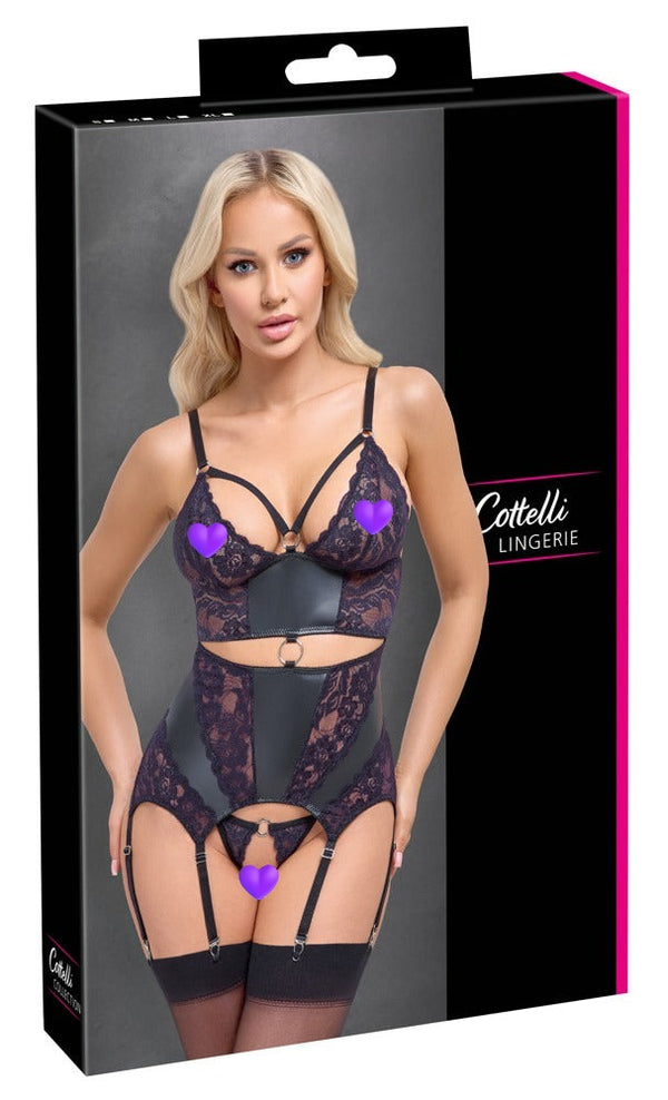 Schwarzes Strapshemd-Set im Mattlook mit lila Spitzen-Einsätzen (Ouvert) von Cottelli