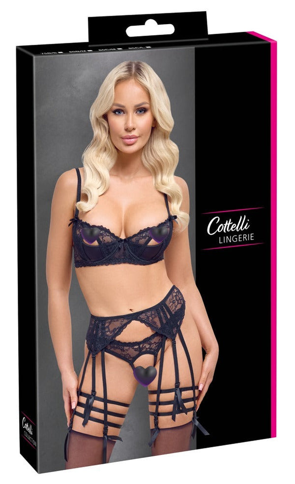 Schwarzes Straps-Set aus Stretch-Spitze mit Halbcup-BH und Cut-outs von Cottelli