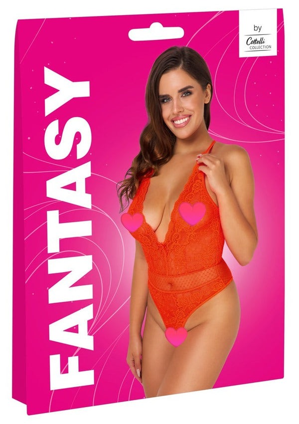 Korallfarbener Riobody aus Spitze und Pünktchen-Tüll mit Schleifchen von Fantasy by Cottelli