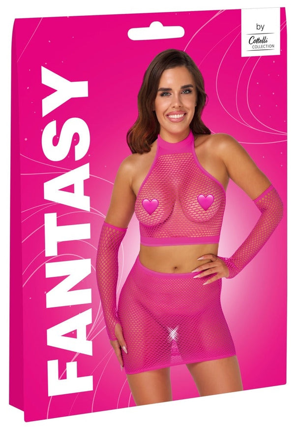 Pinkfarbenes Netz-Set mit Top, Minirock und Armstulpen von Fantasy by Cottelli
