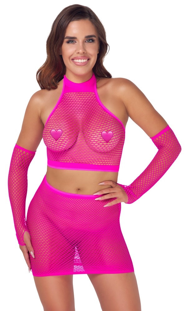 Pinkfarbenes Netz-Set mit Top, Minirock und Armstulpen von Fantasy by Cottelli – Ansicht 2