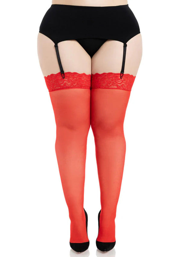 Rote verführerische halterlose Strümpfe mit elegantem Oberschenkelband von Leg Avenue