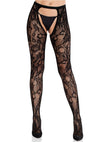 Schwarze verführerische Strumpfhose aus Rosen Spitze mit offenem Schritt von Leg Avenue