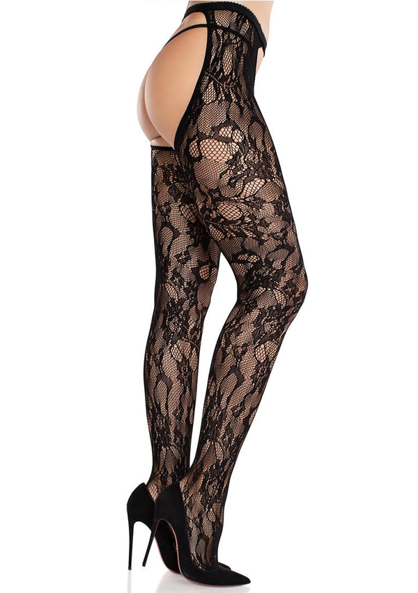 Schwarze verführerische Strumpfhose aus Rosen Spitze mit offenem Schritt von Leg Avenue – Ansicht 3