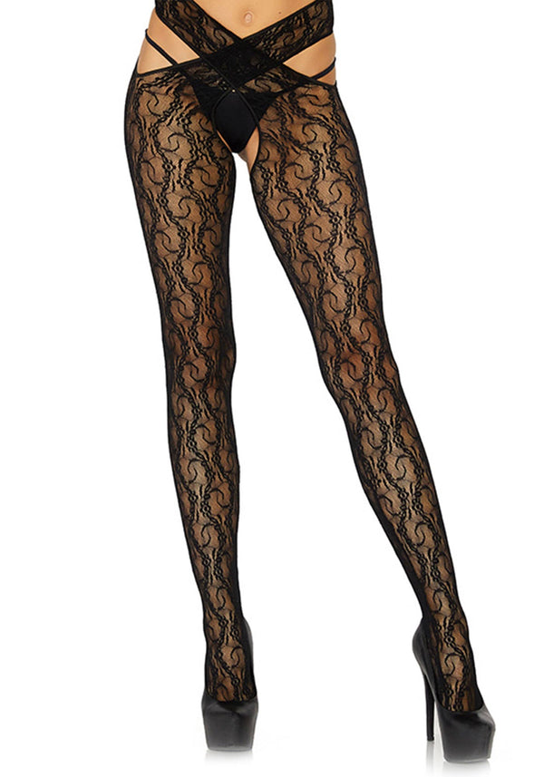 Florale Wickelstrumpfhose mit offenem Schritt, verführerisch | Leg Avenue