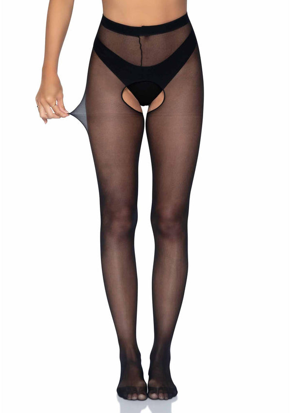 Schwarze verführerische Strumpfhose mit aufregendem Ausschnitt im Schritt von Leg Avenue – Ansicht 5