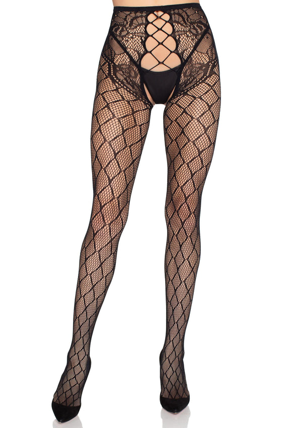 Schwarze sündige Netzstrumpfhose mit eleganter Hüft Spitze und Cut Outs von Leg Avenue