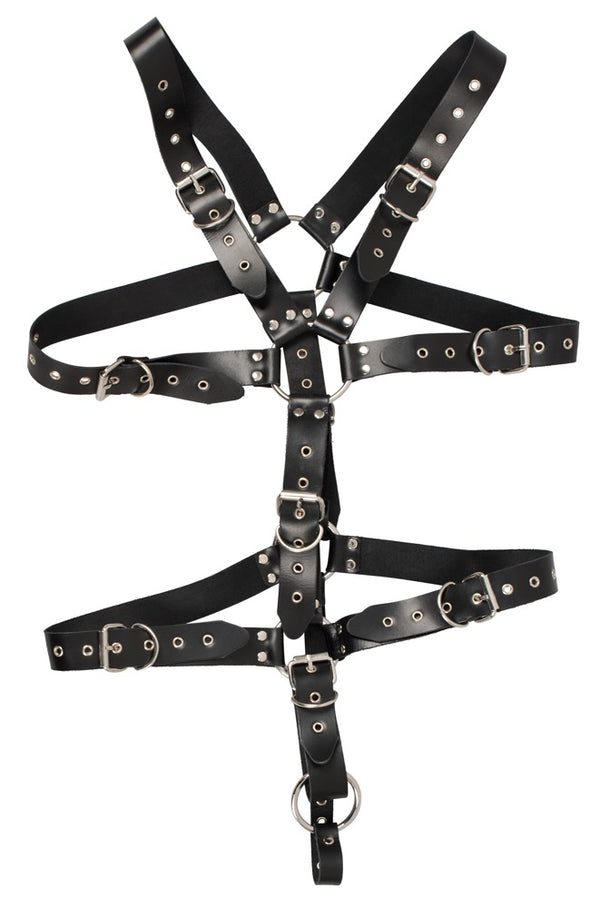 Harness aus nietenbesetzten Lederriemen mit Stahlringen von ZADO – Ansicht 3